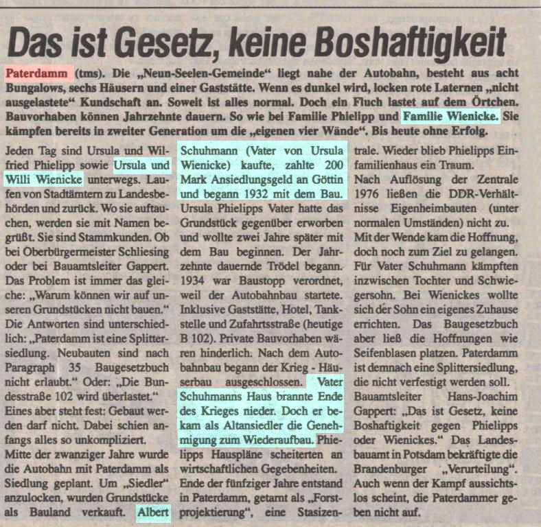 Baugesetz für Splittergemeinde Paterdamm